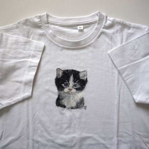 Tee shirt enfant blanc peint à la main chaton noir et blanc 12 ans