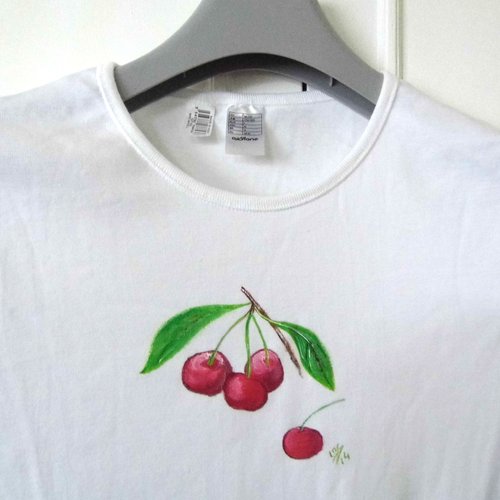 Tee shirt femme blanc peint à la main cerises 42 - l