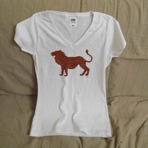 Tee shirt femme blanc peint à la main lion fauve 36 - xs