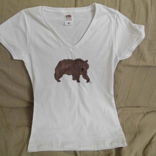 Tee shirt femme blanc peint à la main ours brun 36 - xs