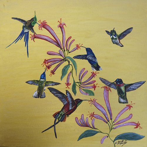 Toile  " colibris et oiseaux mouche sur leur branche "