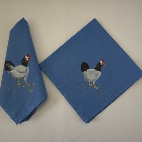 Serviette de table en coton bleu clair poule blanche et noir