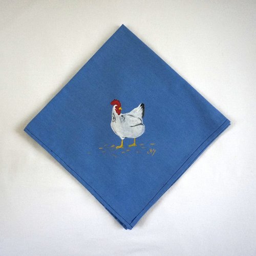Serviette de table en coton bleu clair poule blanche