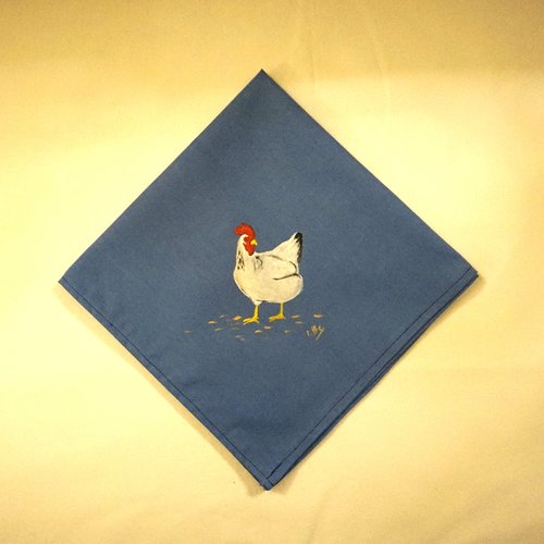 Serviette de table en coton bleu clair poule blanche