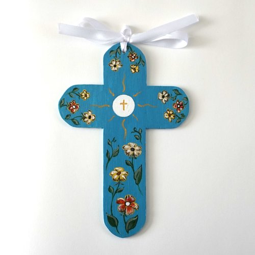 Croix de l'espérance de baptême ou de communion en bois fleurs orange et beige sur fond turquoise