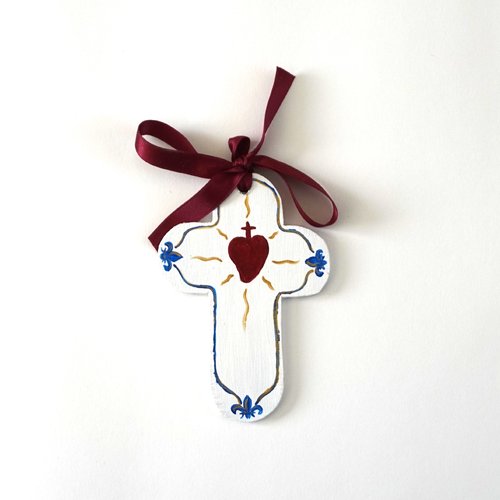 Croix de l'espérance de berceau en bois sacré coeur rouge liseré bleu sur fond blanc petit modèle