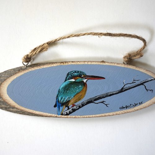 Miniature sur bois martin pêcheur sur sa branche