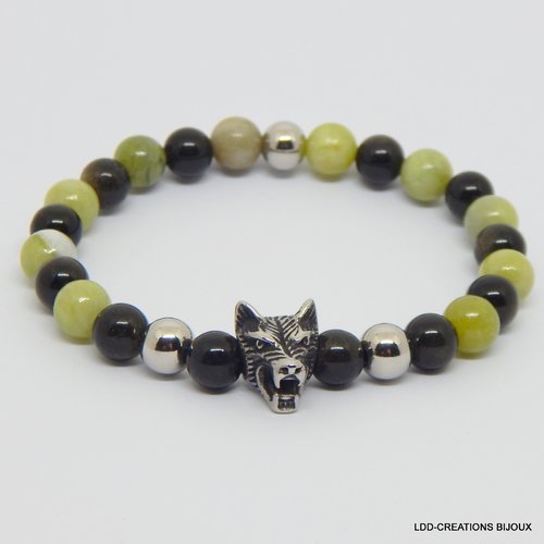 Bracelet loup pierres naturelles jade vert et obsidienne gold