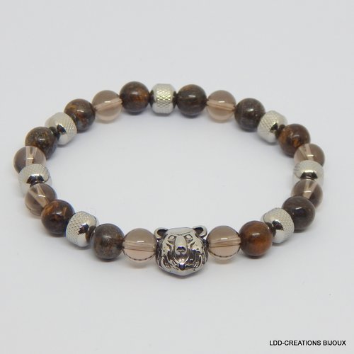 Bracelet ours pierres naturelles bronzite et quartz smocky