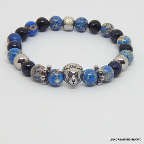 Bracelet lion pierres naturelles jaspe impérial et goldstone bleu