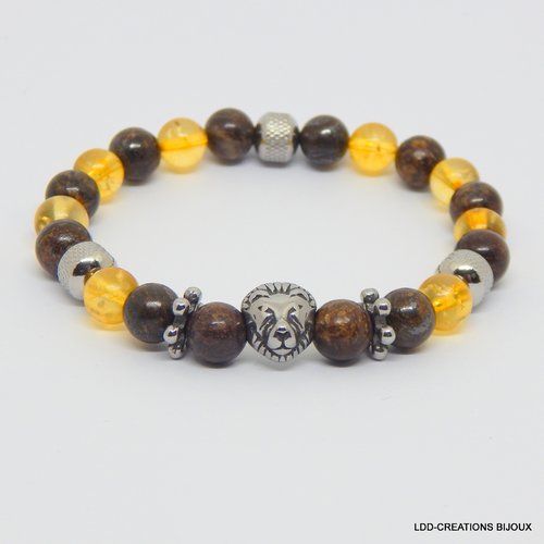 Bracelet lion pierres naturelles bronzite et citrine marron/jaune