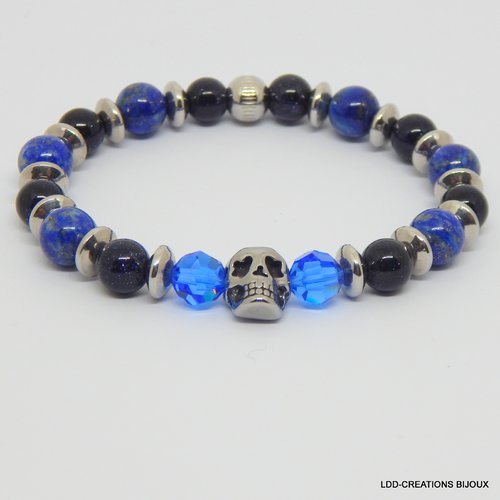 Bracelet crâne étoile pierres naturelles lapis lazuli, goldstone bleu et swarovski