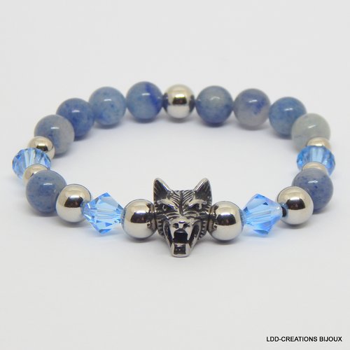 Bracelet loup pierres naturelles aventurine bleue et swarovski