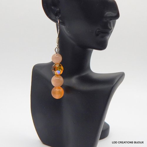 Boucles d'oreilles acier crochet jade orange, pierre de soleil 6 et 8 mm et swarovski