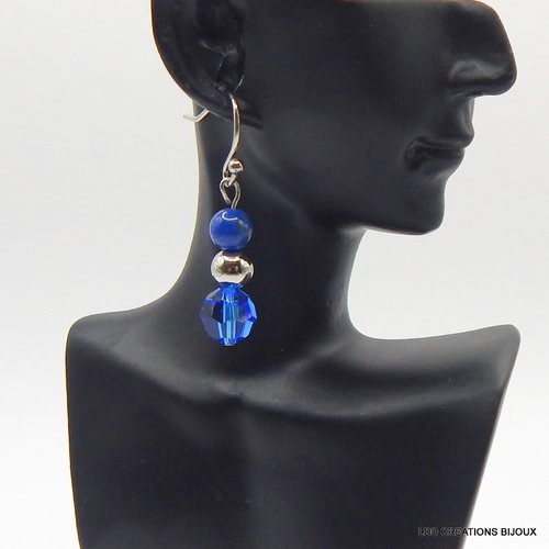 Boucles d'oreilles acier crochet lapis lazuli 6 mm et swarovski