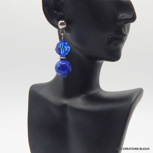 Boucles d'oreilles acier clous pendants lapis lazuli 8 mm et swarovski