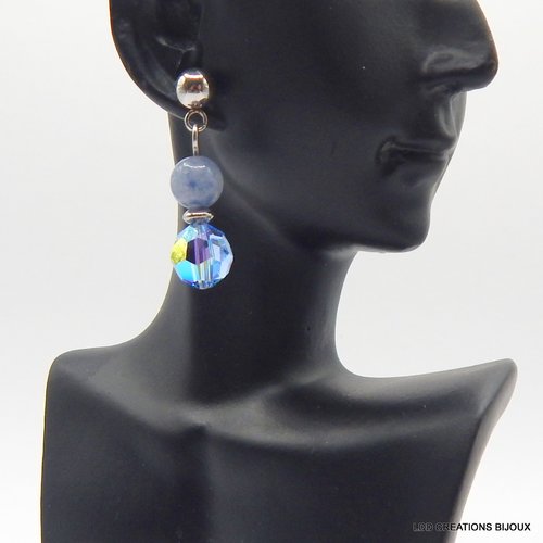 Boucles d'oreilles acier clous pendants aventurine bleue 6 mm et swarovski