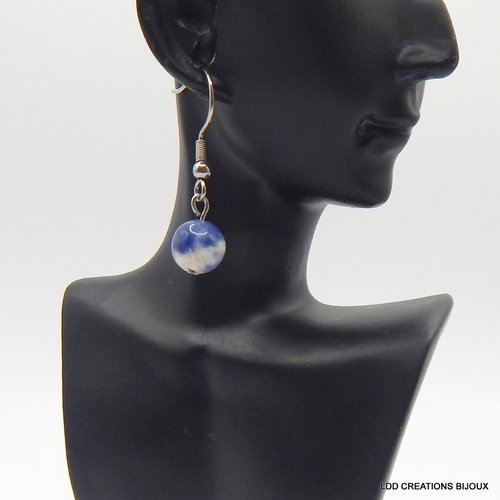 Boucles d'oreilles acier crochet sodalite bleue 8 mm