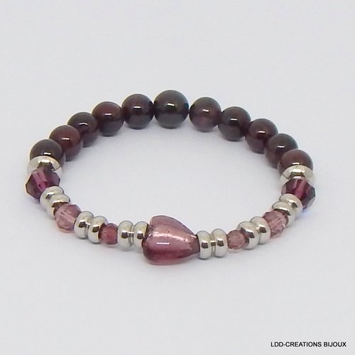 Bracelet coeur violet/bordeaux, pierres naturelles grenat, swarovski