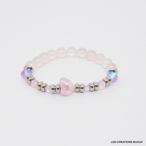 Bracelet coeur rose, pierres naturelles quartz, swarovski