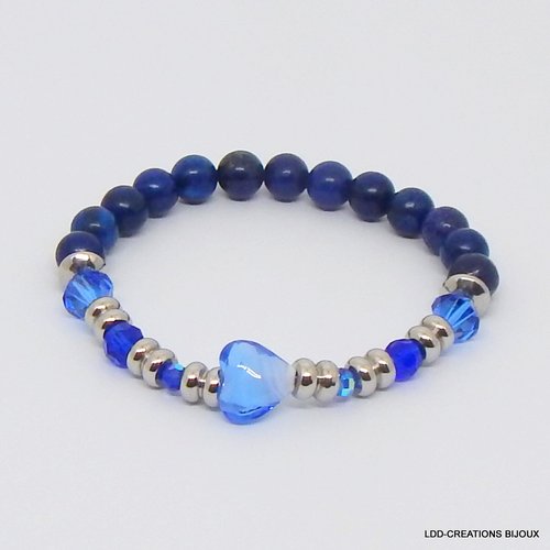 Bracelet coeur bleu, pierres naturelles lapis lazuli, swarovski