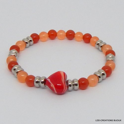 Bracelet coeur rouge/orange, pierres naturelles cornaline et jade orange