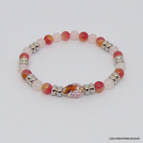 Bracelet coeur rose/cuivre, pierres naturelles quartz rose et cerise