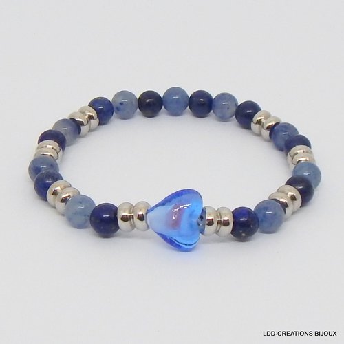 Bracelet coeur bleu, pierres naturelles lapis lazuli et aventurine