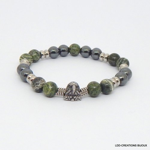 Bracelet aigle pierres naturelles jaspe zèbre vert et hématite