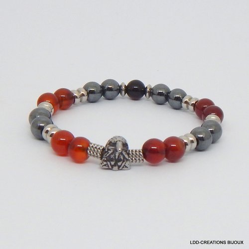 Bracelet aigle pierres naturelles agates rayées rouge/orange et hématite
