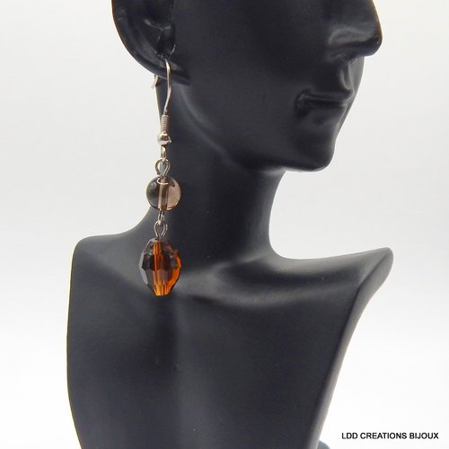 Boucles d'oreilles acier pendants quartz smoky 6 mm et swarovski