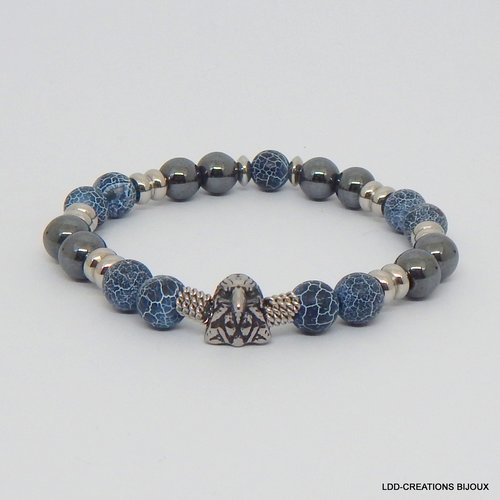 Bracelet aigle pierres naturelles agate bleue craquelée et hématite