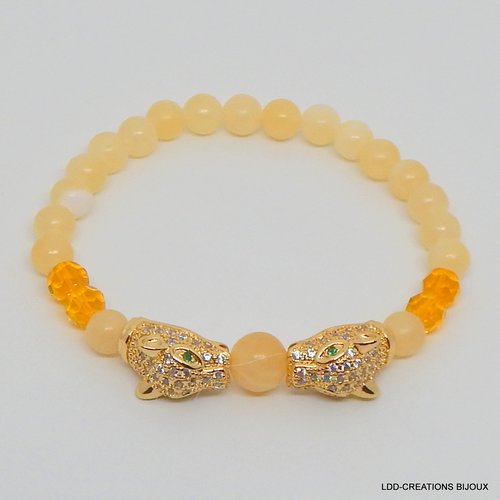 Bracelet panthères dorées strass, jade jaune, cristal, acier