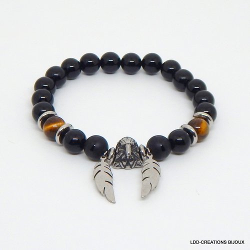 Bracelet aigle pierres naturelles onyx et oeil de tigre, plumes, acier