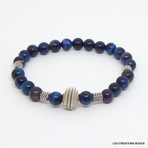 Bracelet pierres naturelles oeil de tigre bleu/violet, spirale, acier