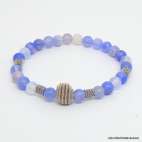Bracelet pierres naturelles agate bleue teintée, spirale, acier