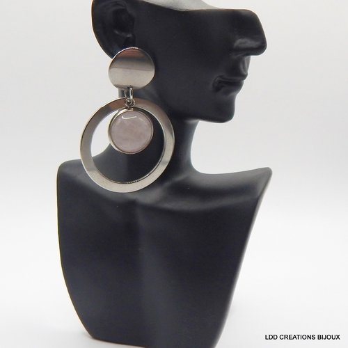 Boucles d'oreilles acier cabochon quartz gris/rose