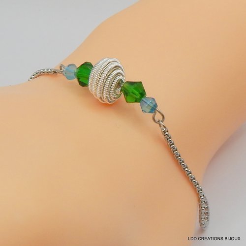 Bracelet acier et cristal vert et bleu