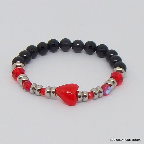 Bracelet coeur rouge, pierres naturelles onyx, swarovski