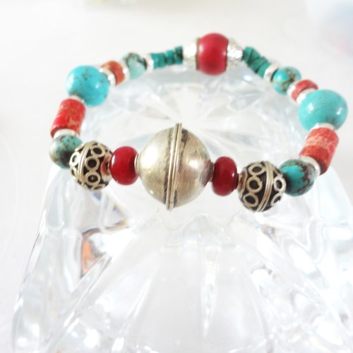 Bracelet perle de turquoise naturelle jaspe rouge, howlite, perle berbère, laiton argenté, bijoux, bracelet