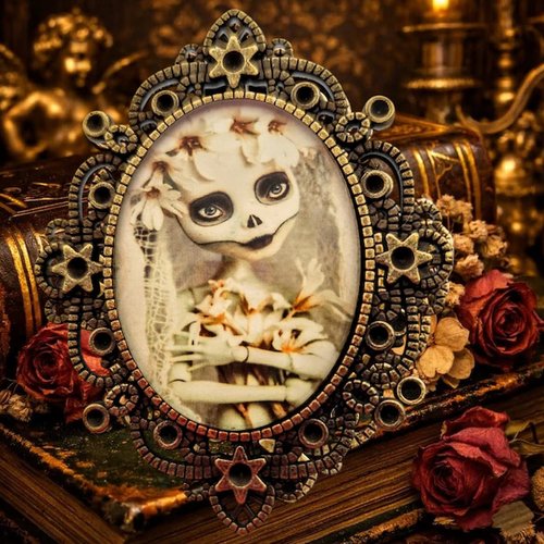 Broche calavera baroque - bijou halloween chic - camée moderne pour cabinet de curiosités.