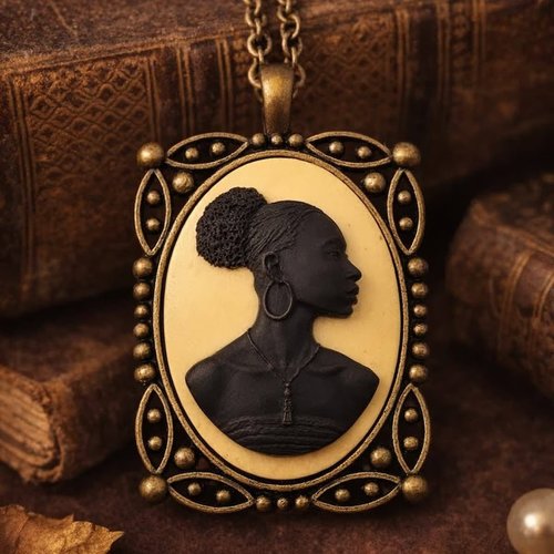 Pendentif camée muse sculptée – portrait de femme afro – sautoir vintage élégant.