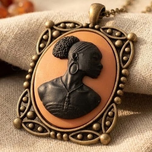 Pendentif camée afro bohème - portrait femme noire - collier fierté africaine.