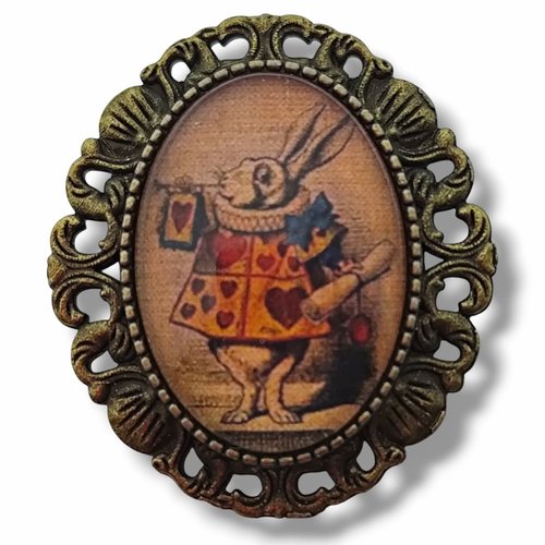 Broche gothique poétique lapin blanc - univers cabinet de curiosités alice - cadre bronze victorien