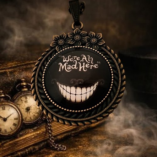 Pendentif médaillon sourire du cheshire - camée rond noir et blanc - illustration "we are all mad here".