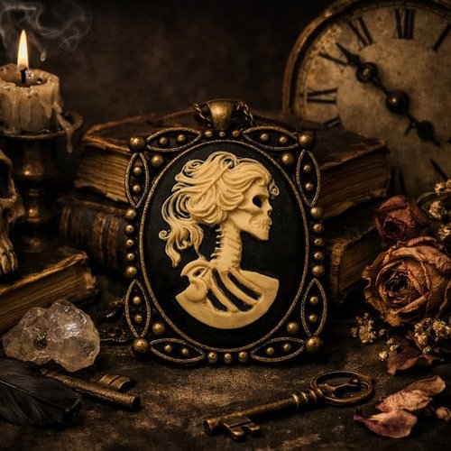 Pendentif talisman camée squelette féminin - bijou gothique anatomique victorien.