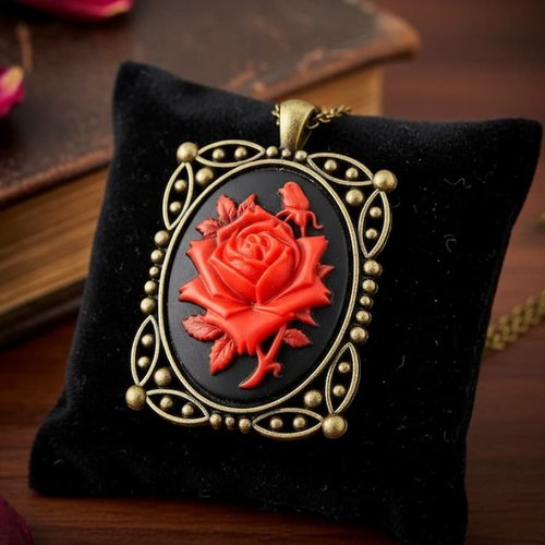 Bijou camée rose rouge – pendentif floral gothique – création artisanale.