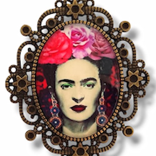 Bijou portrait "frida aux fleurs éclatantes" – cadeau femme créative – style vintage poétique.