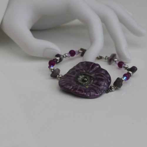 Bracelet céramique-améthyste-swarovski en dégradé de violet modèle "pavot"