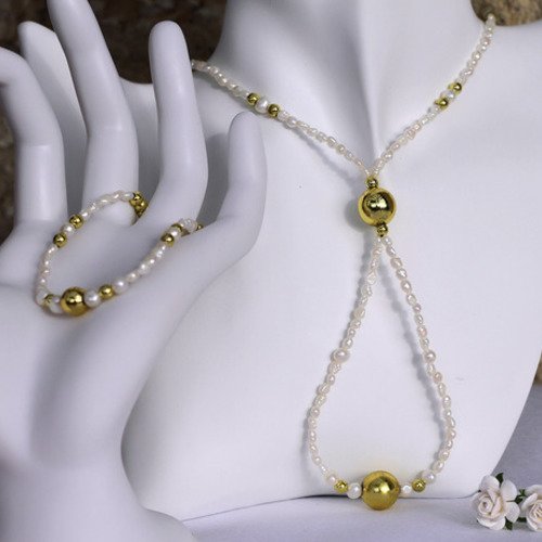 Parure collier et bracelet en perles de culture blanches modèle "charleston"